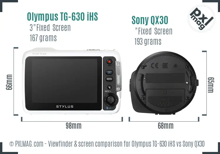 Olympus TG-630 iHS vs Sony QX30 Screen and Viewfinder comparison