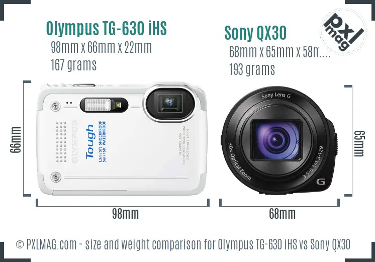 Olympus TG-630 iHS vs Sony QX30 size comparison