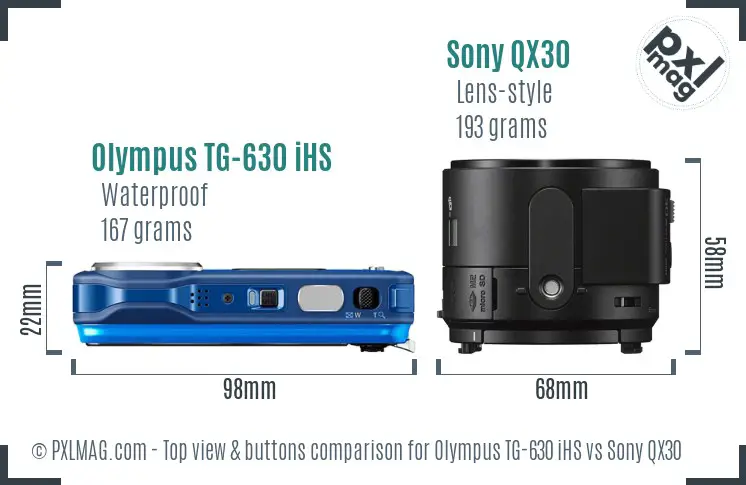Olympus TG-630 iHS vs Sony QX30 top view buttons comparison