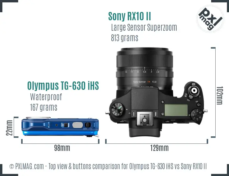 Olympus TG-630 iHS vs Sony RX10 II top view buttons comparison