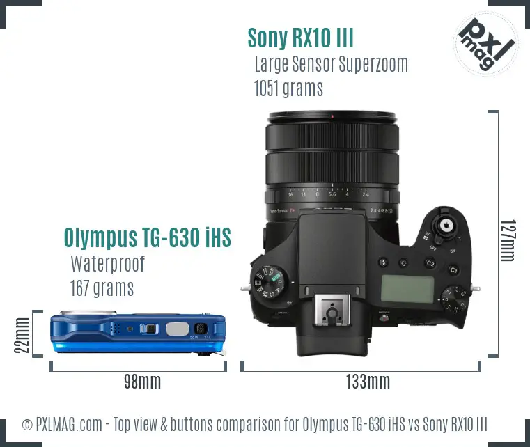Olympus TG-630 iHS vs Sony RX10 III top view buttons comparison