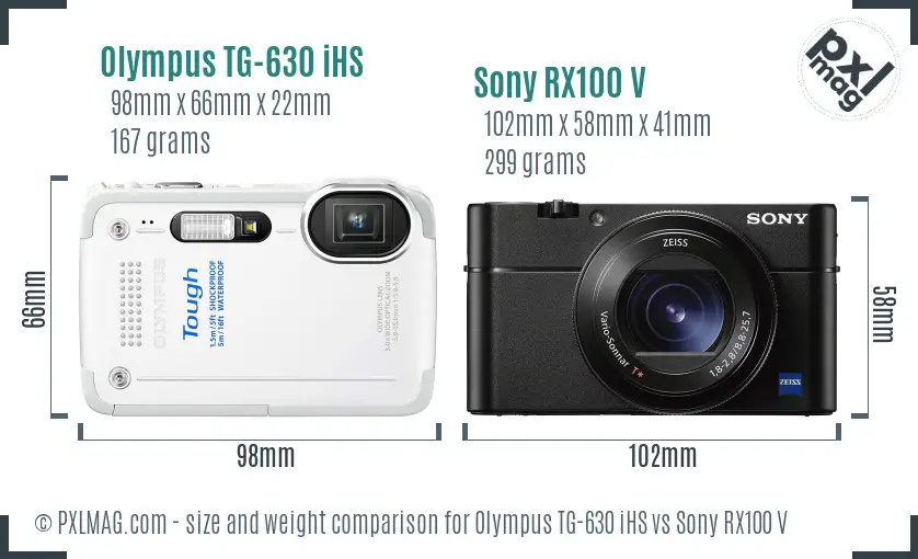 Olympus TG-630 iHS vs Sony RX100 V size comparison