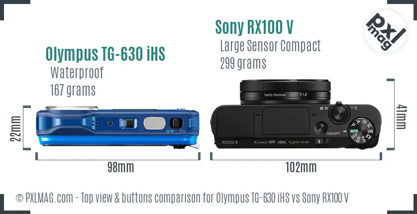 Olympus TG-630 iHS vs Sony RX100 V top view buttons comparison