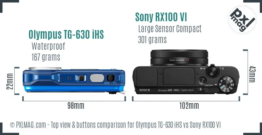 Olympus TG-630 iHS vs Sony RX100 VI top view buttons comparison