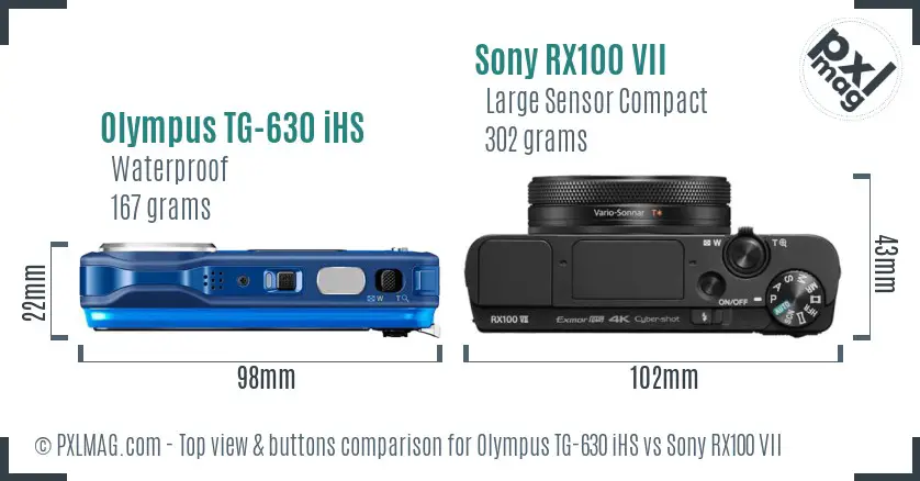 Olympus TG-630 iHS vs Sony RX100 VII top view buttons comparison