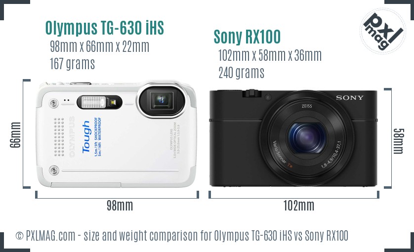 Olympus TG-630 iHS vs Sony RX100 size comparison
