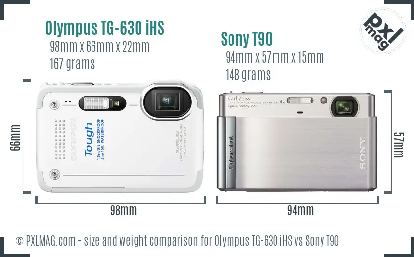 Olympus TG-630 iHS vs Sony T90 size comparison