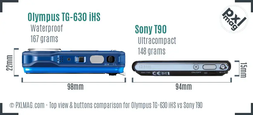 Olympus TG-630 iHS vs Sony T90 top view buttons comparison