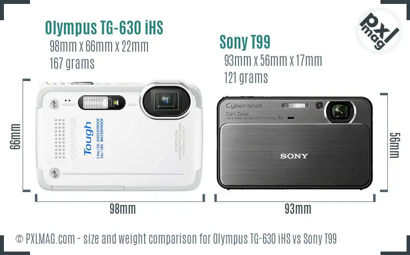 Olympus TG-630 iHS vs Sony T99 size comparison
