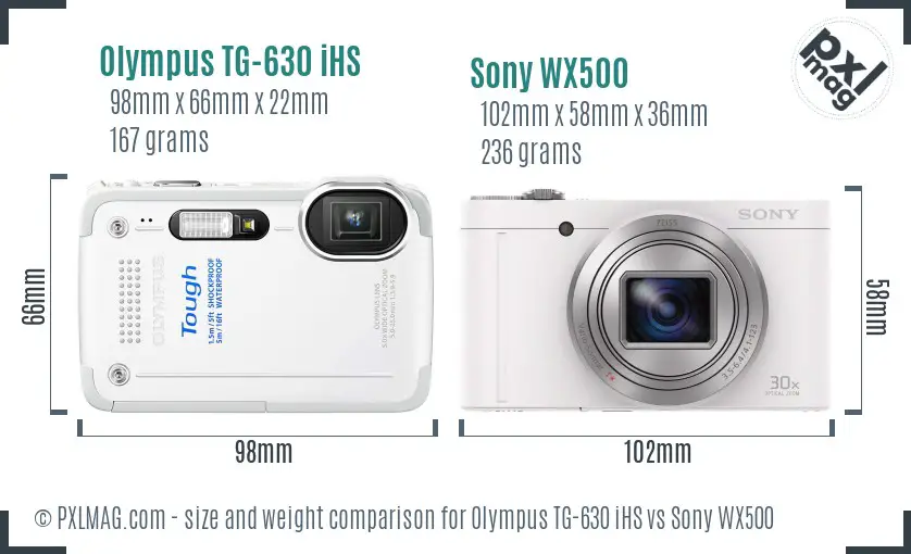 Olympus TG-630 iHS vs Sony WX500 size comparison