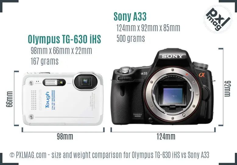 Olympus TG-630 iHS vs Sony A33 size comparison