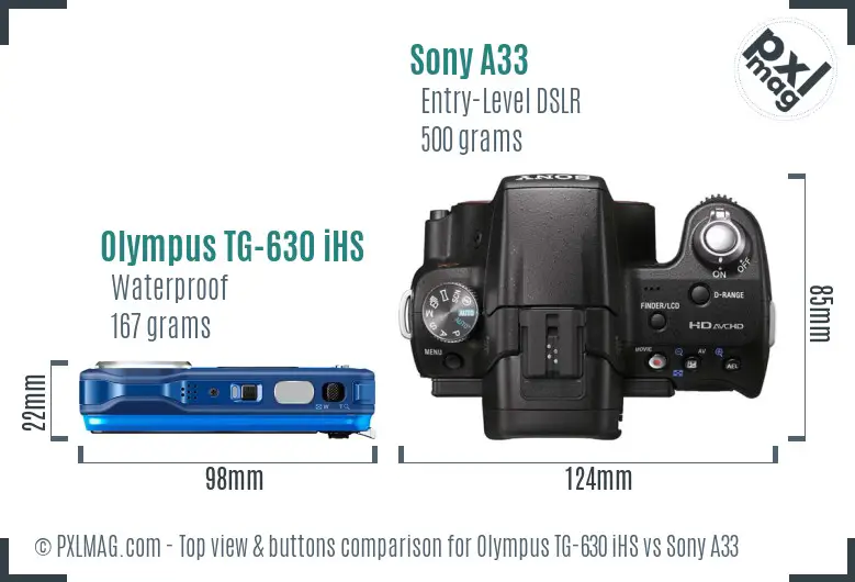 Olympus TG-630 iHS vs Sony A33 top view buttons comparison