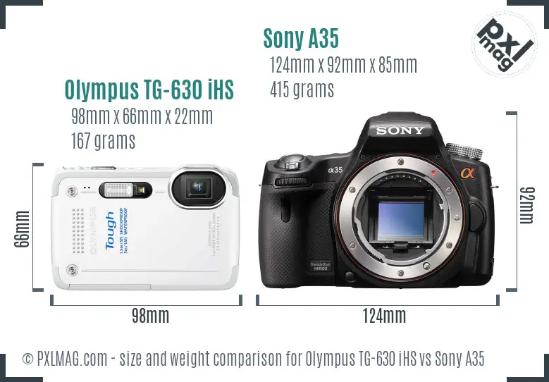 Olympus TG-630 iHS vs Sony A35 size comparison