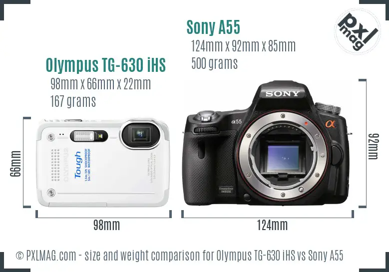 Olympus TG-630 iHS vs Sony A55 size comparison