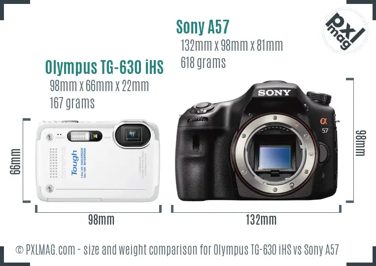 Olympus TG-630 iHS vs Sony A57 size comparison
