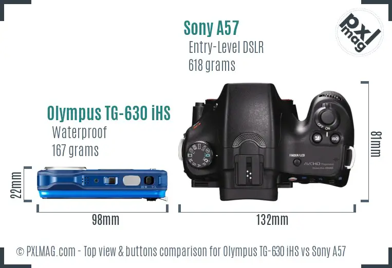 Olympus TG-630 iHS vs Sony A57 top view buttons comparison