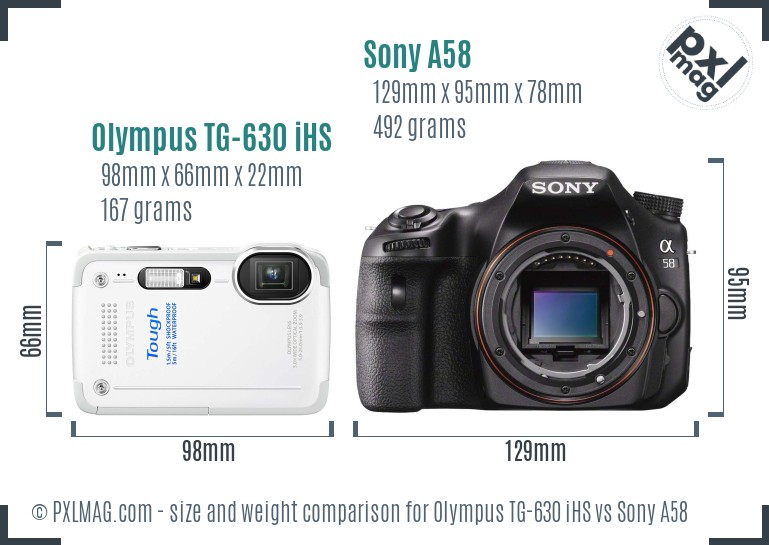Olympus TG-630 iHS vs Sony A58 size comparison