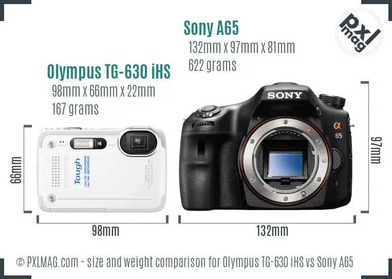 Olympus TG-630 iHS vs Sony A65 size comparison