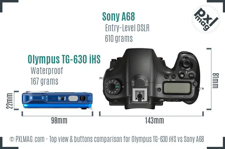 Olympus TG-630 iHS vs Sony A68 top view buttons comparison