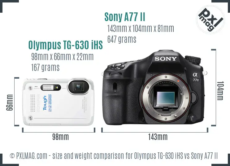 Olympus TG-630 iHS vs Sony A77 II size comparison