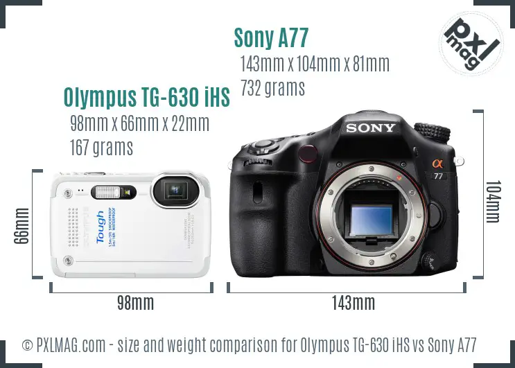 Olympus TG-630 iHS vs Sony A77 size comparison