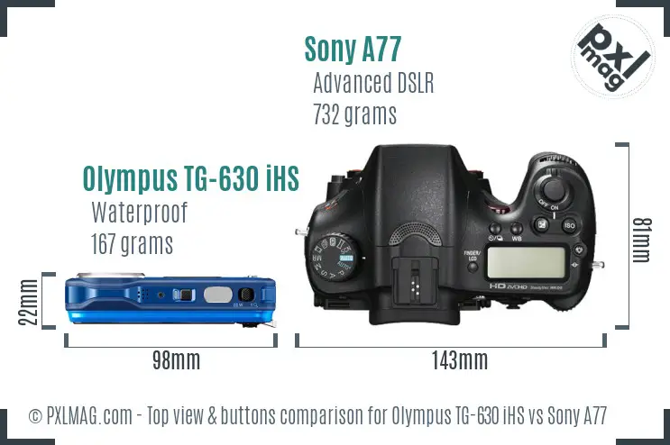 Olympus TG-630 iHS vs Sony A77 top view buttons comparison