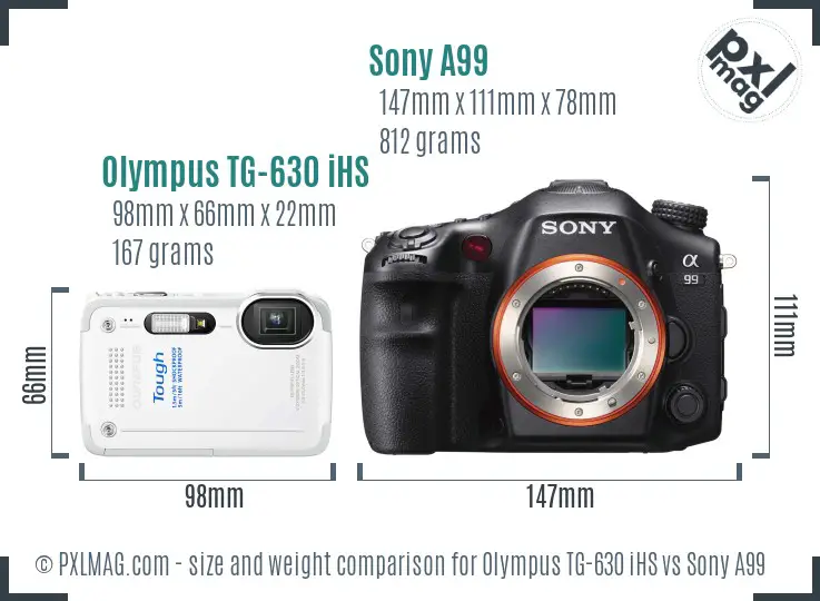 Olympus TG-630 iHS vs Sony A99 size comparison