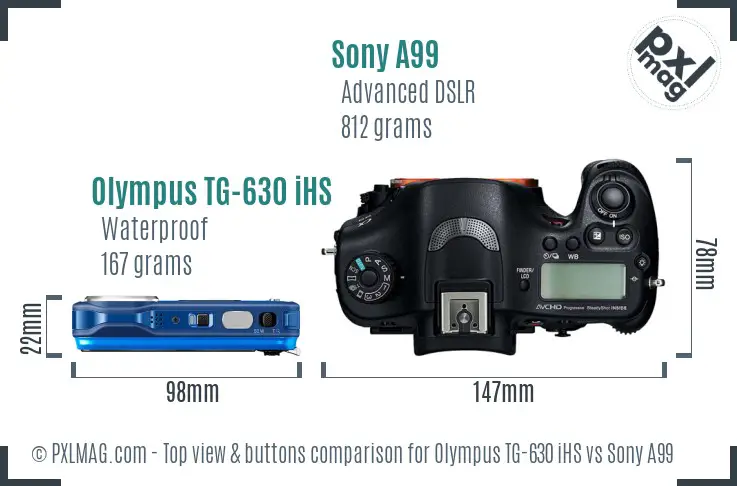 Olympus TG-630 iHS vs Sony A99 top view buttons comparison