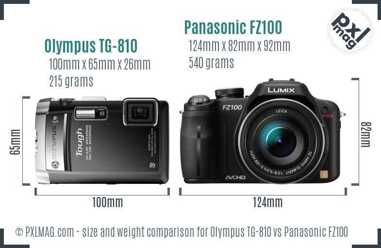 Olympus TG-810 vs Panasonic FZ100 size comparison Olympus TG-810 vs Panasonic FZ100 size comparison