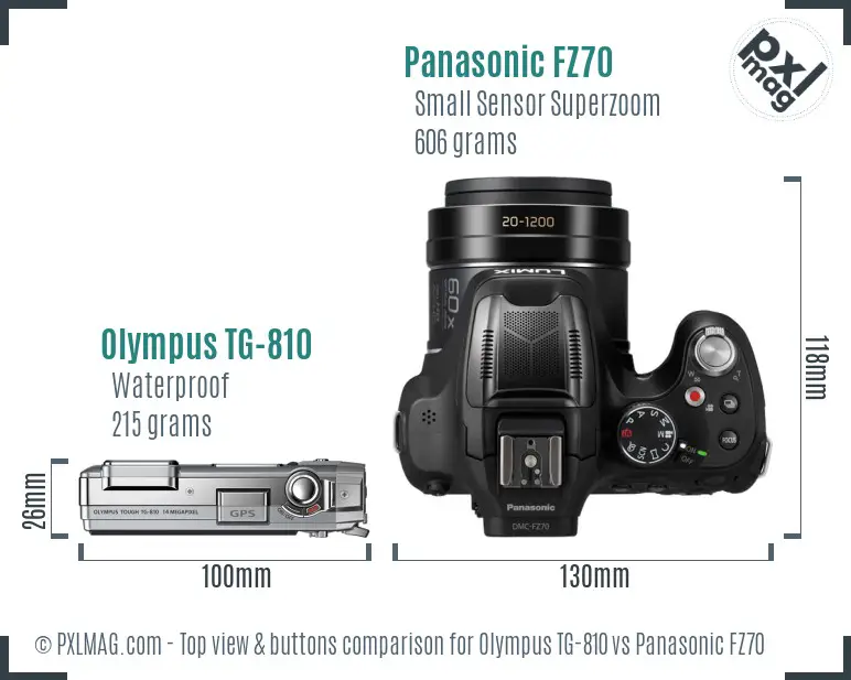 Olympus TG-810 vs Panasonic FZ70 top view buttons comparison Olympus TG-810 vs Panasonic FZ70 top view buttons comparison