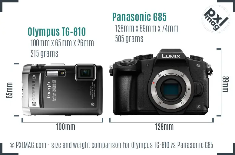 Olympus TG-810 vs Panasonic G85 size comparison