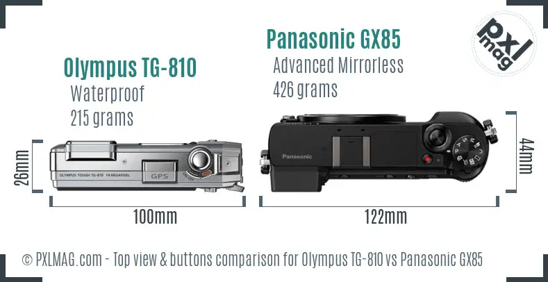 Olympus TG-810 vs Panasonic GX85 top view buttons comparison Olympus TG-810 vs Panasonic GX85 top view buttons comparison
