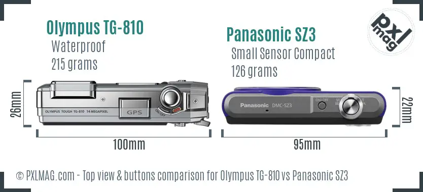 Olympus TG-810 vs Panasonic SZ3 top view buttons comparison Olympus TG-810 vs Panasonic SZ3 top view buttons comparison