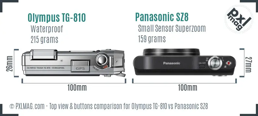 Olympus TG-810 vs Panasonic SZ8 top view buttons comparison Olympus TG-810 vs Panasonic SZ8 top view buttons comparison