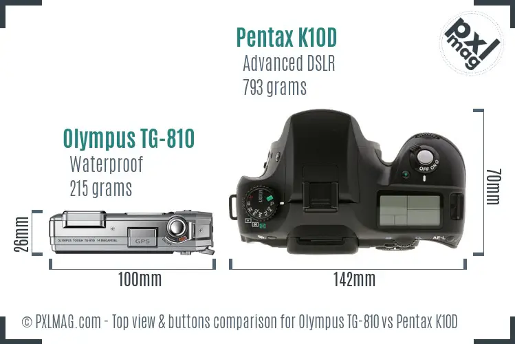 Olympus TG-810 vs Pentax K10D top view buttons comparison