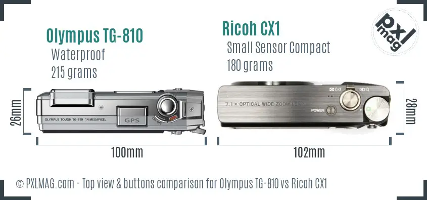 Olympus TG-810 vs Ricoh CX1 top view buttons comparison