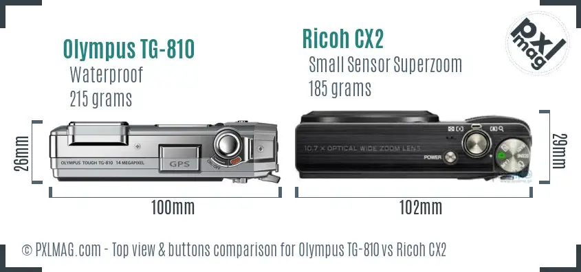 Olympus TG-810 vs Ricoh CX2 top view buttons comparison