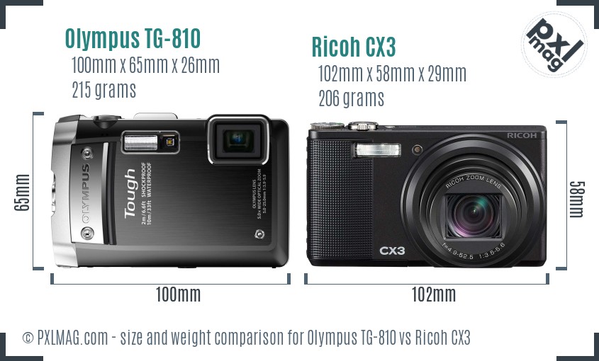 Olympus TG-810 vs Ricoh CX3 size comparison