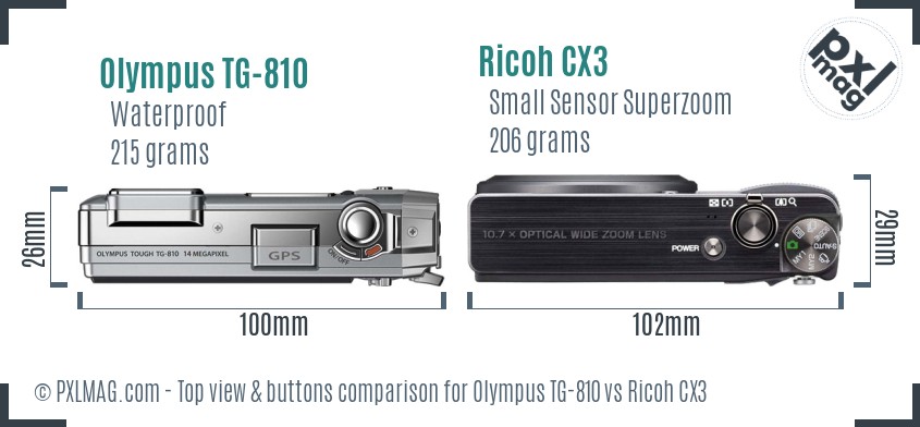 Olympus TG-810 vs Ricoh CX3 top view buttons comparison