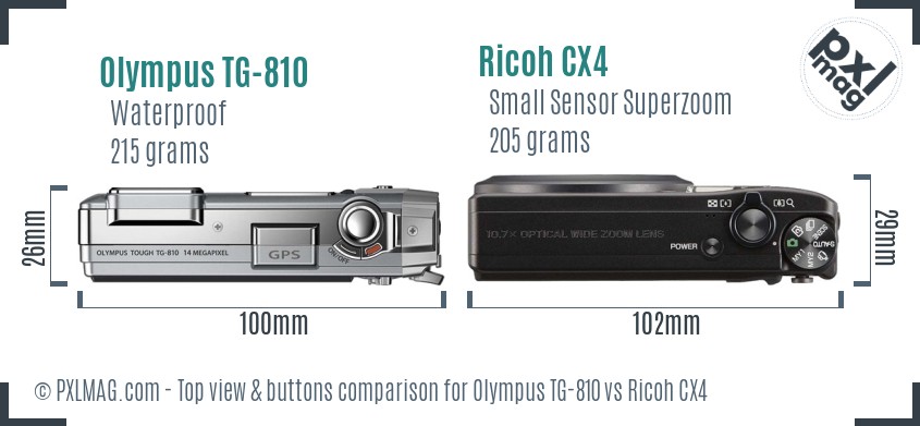 Olympus TG-810 vs Ricoh CX4 top view buttons comparison