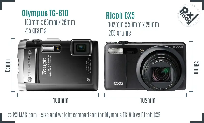 Olympus TG-810 vs Ricoh CX5 size comparison