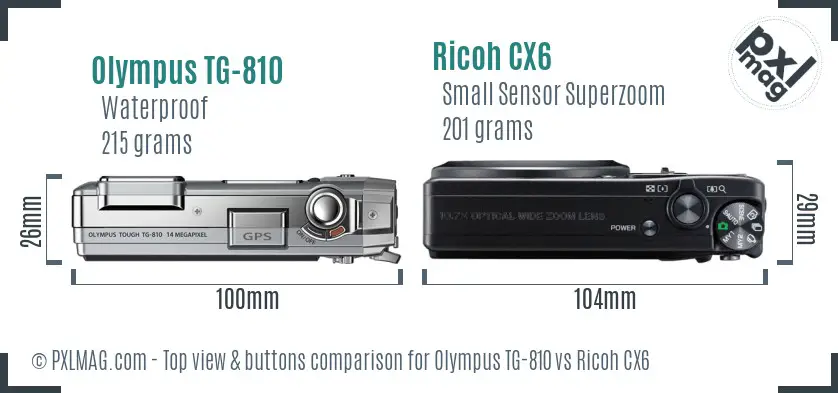 Olympus TG-810 vs Ricoh CX6 top view buttons comparison