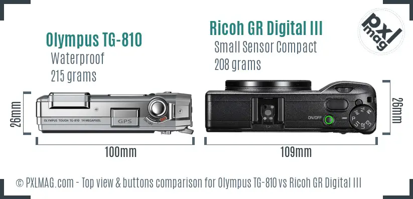 Olympus TG-810 vs Ricoh GR Digital III top view buttons comparison