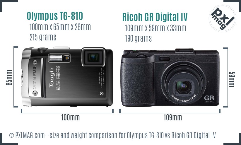 Olympus TG-810 vs Ricoh GR Digital IV size comparison