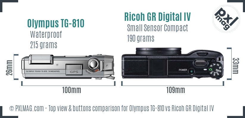 Olympus TG-810 vs Ricoh GR Digital IV top view buttons comparison