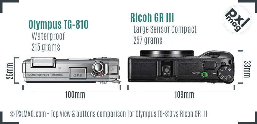 Olympus TG-810 vs Ricoh GR III top view buttons comparison Olympus TG-810 vs Ricoh GR III top view buttons comparison
