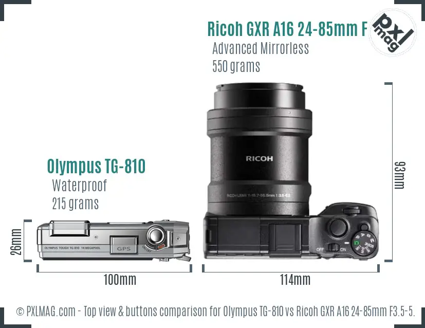 Olympus TG-810 vs Ricoh GXR A16 24-85mm F3.5-5.5 top view buttons comparison Olympus TG-810 vs Ricoh GXR A16 24-85mm F3.5-5.5 top view buttons comparison