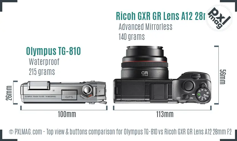 Olympus TG-810 vs Ricoh GXR GR Lens A12 28mm F2.5 top view buttons comparison Olympus TG-810 vs Ricoh GXR GR Lens A12 28mm F2.5 top view buttons comparison
