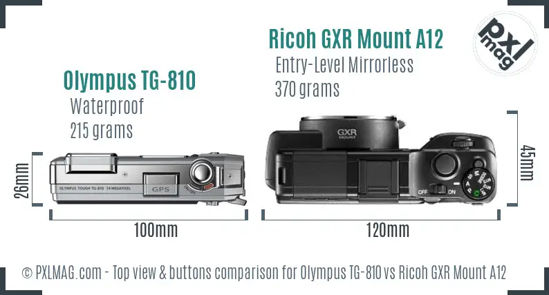 Olympus TG-810 vs Ricoh GXR Mount A12 top view buttons comparison Olympus TG-810 vs Ricoh GXR Mount A12 top view buttons comparison