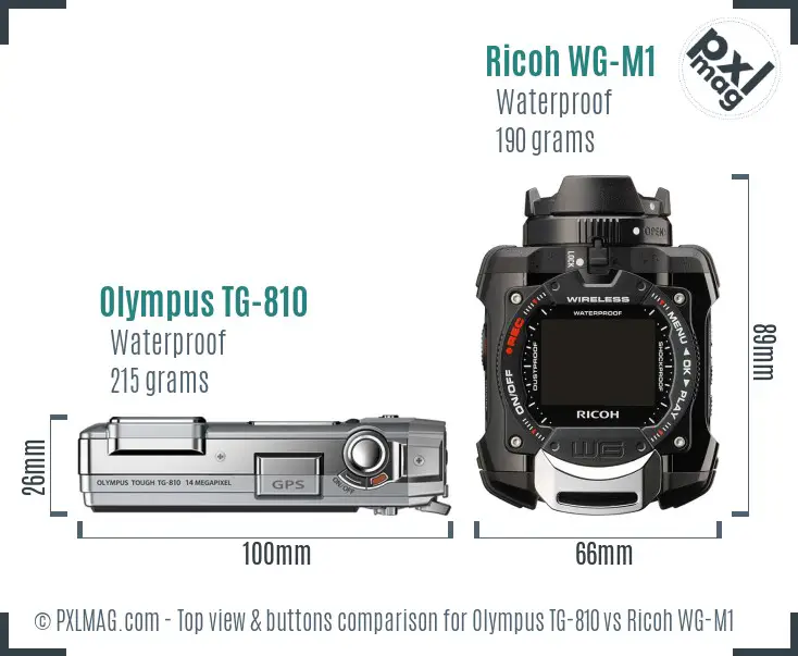 Olympus TG-810 vs Ricoh WG-M1 top view buttons comparison